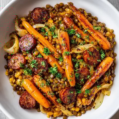 Ein Bohneneintopf mit Chorizo und karamellisierten Karotten.