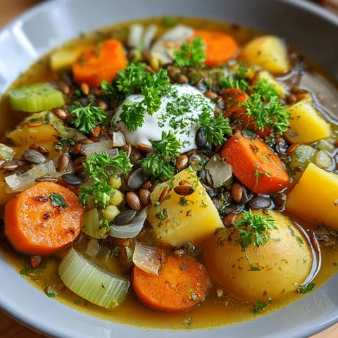 Ein Pichelsteiner-Eintopf mit Kürbis und gerösteten Sonnenblumenkernen.