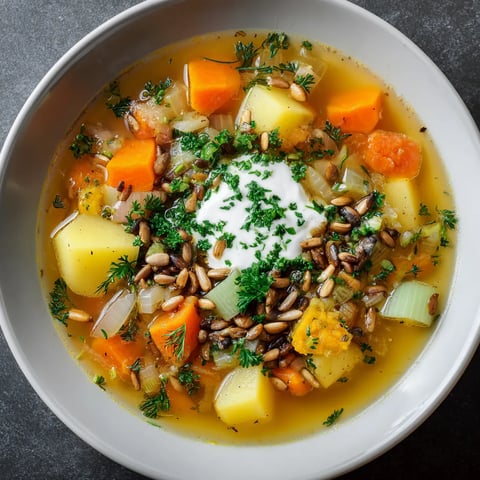 Ein Pichelsteiner-Eintopf mit Kürbis und gerösteten Sonnenblumenkernen.