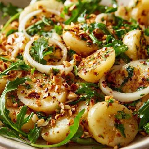 Ein Kartoffelsalat mit Honig-Senf-Dressing und gerösteten Mandeln.