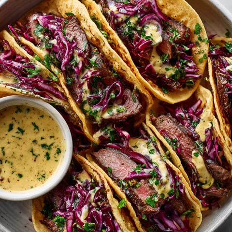 Rinderrouladen-Tacos mit Rotkohl-Slaw & Senf-Dip.