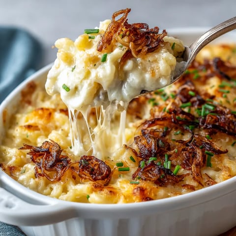 Ein weißer Teller mit Käsespätzle-Gratin, der mit Röstzwiebeln garniert ist.
