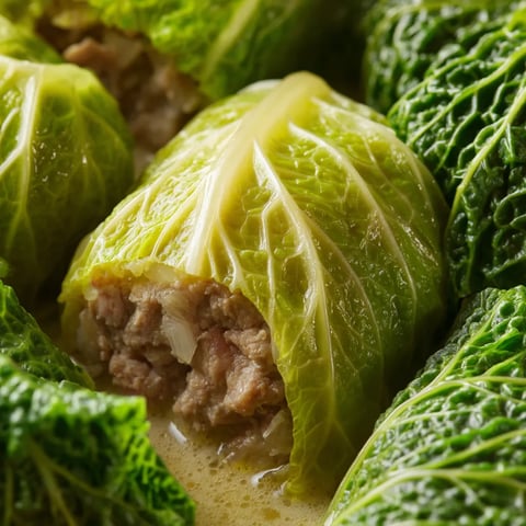 Ein Rouladen aus Wirsing, der mit Hackfleisch gefüllt ist und in einer Senfsauce serviert wird.