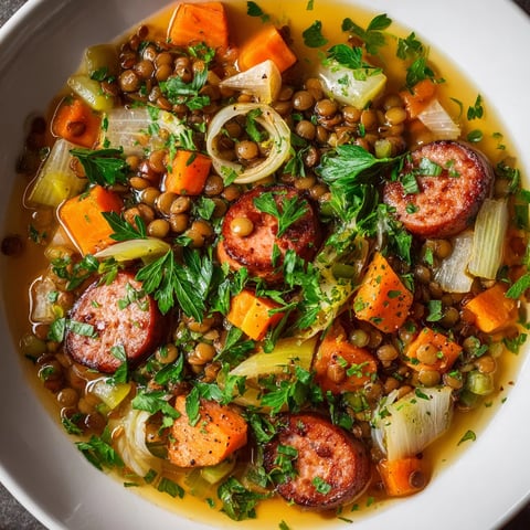 Eine Schüssel mit Linsensuppe und Wiener Würstchen.
