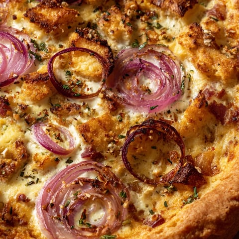 Ein Zwiebelkuchen mit Sauerrahm-Füllung und Zwiebeln darauf.
