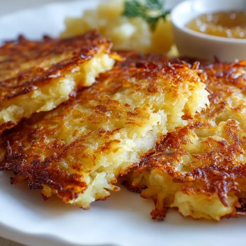 Ein weißer Teller mit zwei Knusprigen Kartoffelpuffers, die mit Apfelmus garniert sind.