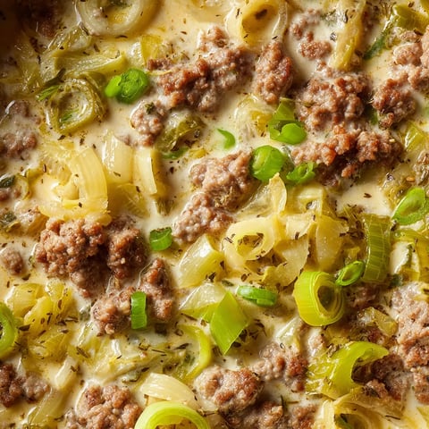 Eine Käse-Lauch-Suppe mit Hackfleisch, die mit vielen grünen Zwiebeln und Fleischstücken zubereitet wurde.