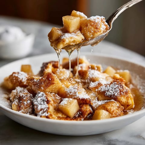 Ein weißer Teller mit einem Gericht aus Apfel und Zucker, das wie Kaiserschmarrn aussieht.