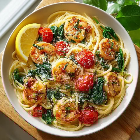 Ein Bogen Spaghetti mit Tomaten, Spinat und Garnelen.