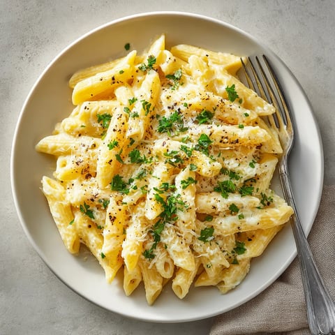 Ein weißer Teller mit Pasta, Knoblauch und Käse.