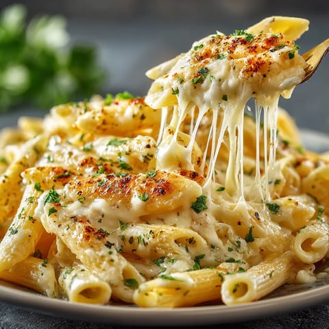 Eine Platte mit Pasta, die mit Käse und Knoblauch garniert ist.