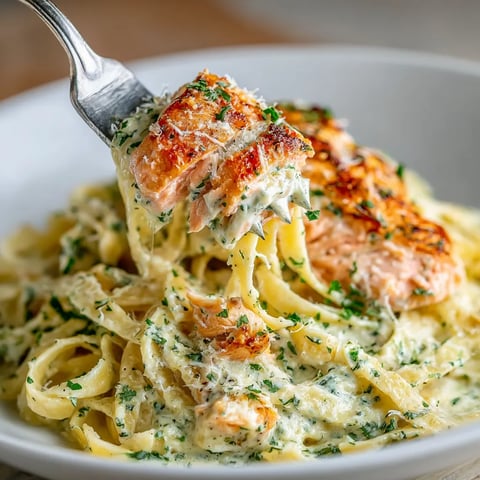 Ein weißer Teller mit Lachs-Fettuccine Alfredo.