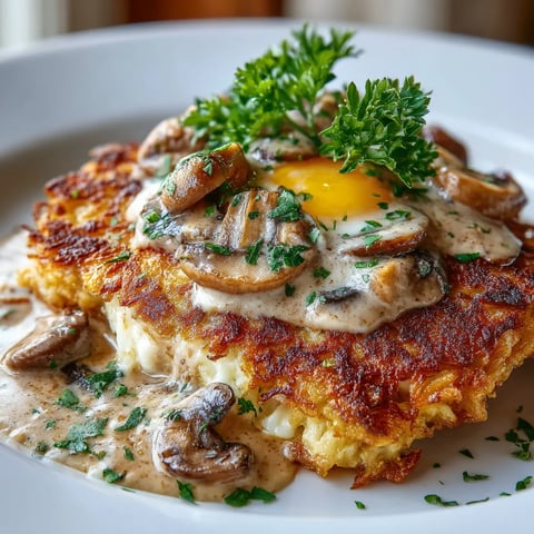 Ein Rösti mit Mozzarella und Zwiebel-Pilzrahmsoße auf einem weißen Teller.