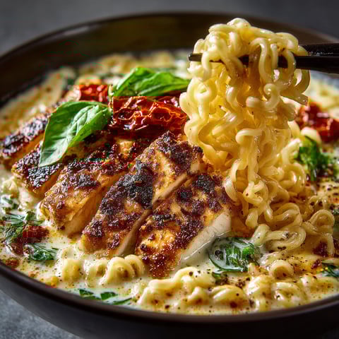 A bowl of food with noodles and chicken.