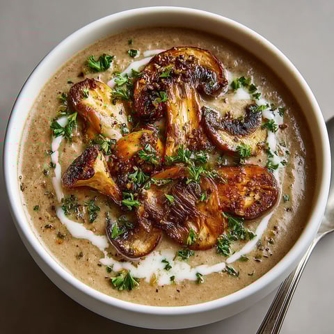 A bowl of cremige pilzsuppe with mushrooms.