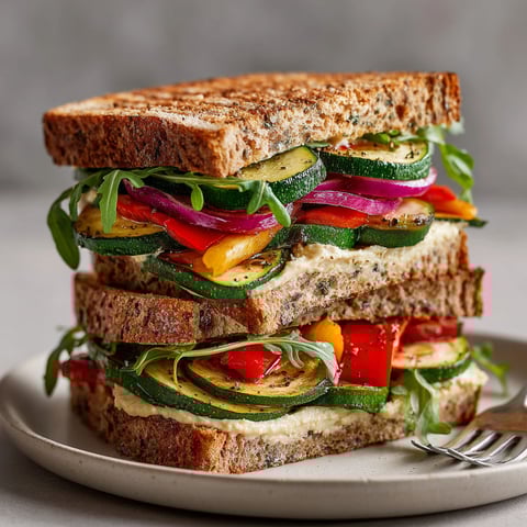 A sandwich with vegetables and hummus.