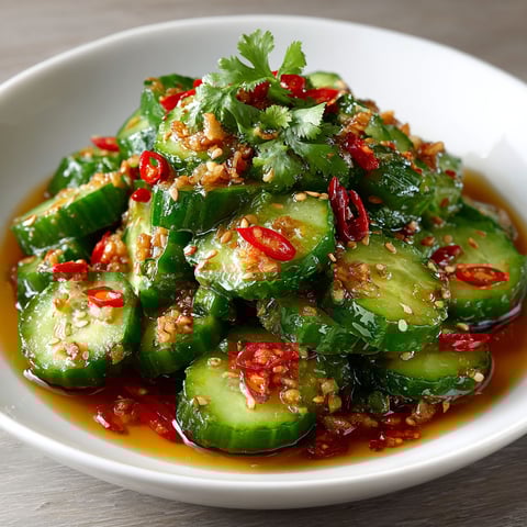 A bowl of green vegetables with red peppers and sesame seeds.