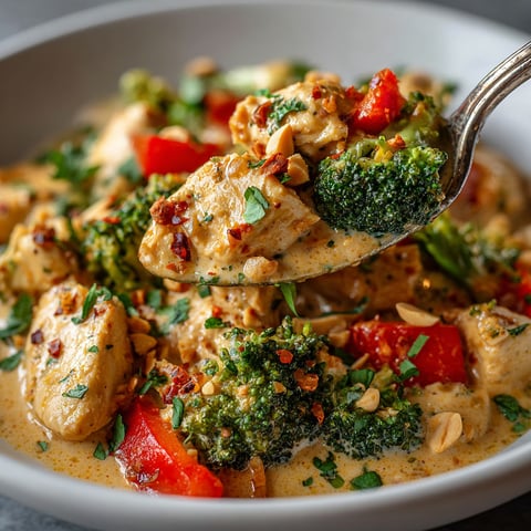 A bowl of Thai chicken with broccoli and tomatoes.