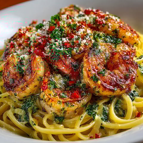 A plate of pasta with shrimp and sauce.