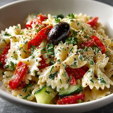 A bowl of pasta with vegetables and olives.