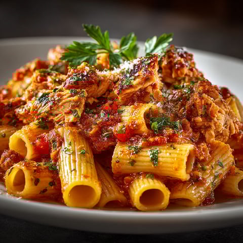 A plate of pasta with chicken sauce.