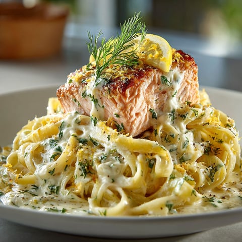 A plate of pasta with salmon and lemon sauce.