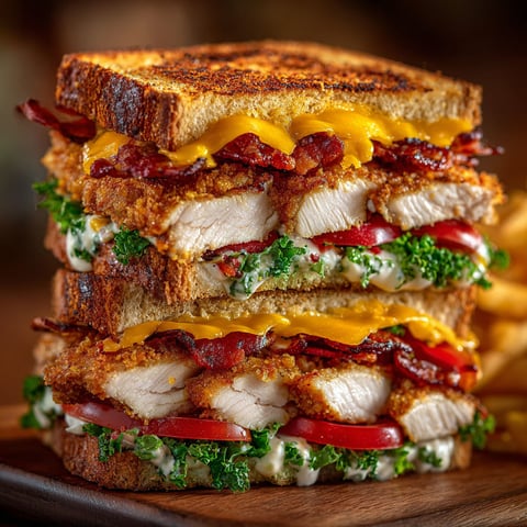 A club sandwich with bacon, lettuce, and tomato on a wooden tray.