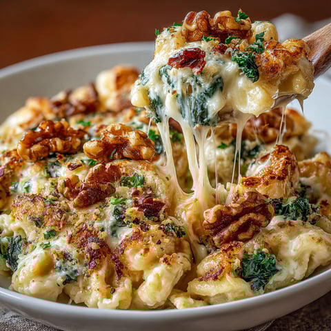A bowl of macaroni and cheese with walnuts.