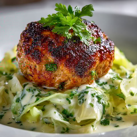 A plate of food with a meatball on top.