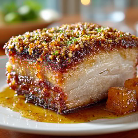 A plate of meat with a sauce and a slice of pear.