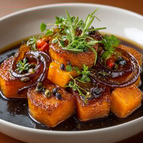 A plate of food with a sauce and a garnish.