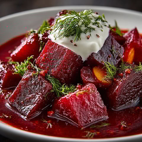 A plate of food with red beets and white cream.
