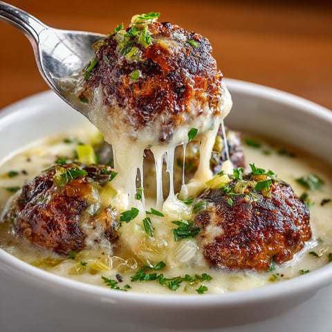 A bowl of soup with meatballs and cheese.