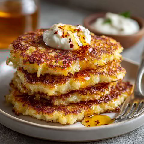 A stack of pancakes with a dollop of sour cream on top.