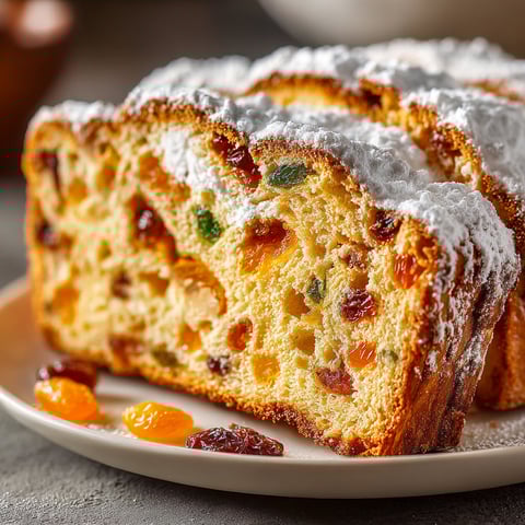 A slice of pumpkin spice stollen bread.