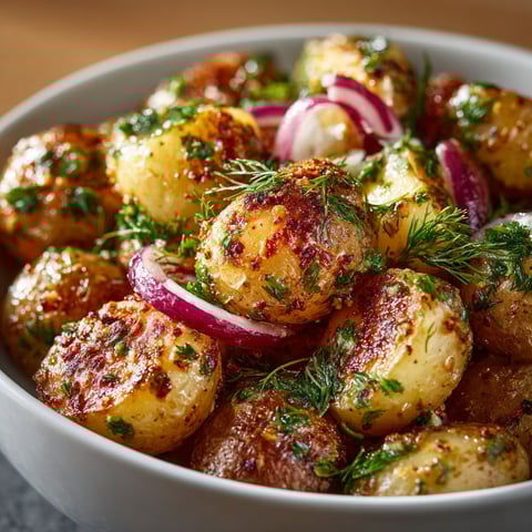 A bowl of potatoes with onions and herbs.