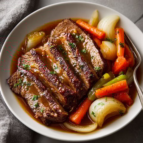 A plate of sauerbraten with carrots and onions.