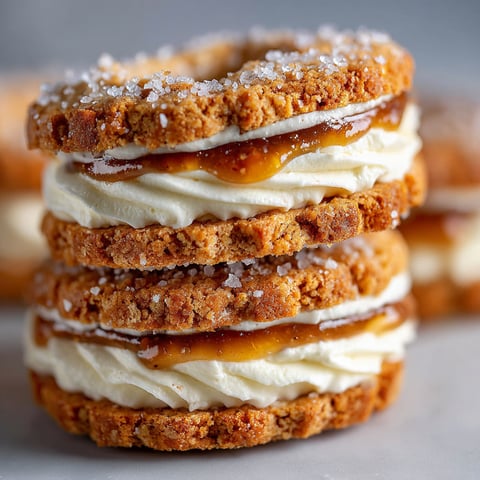 A stack of vanilla cookie sandwiches.
