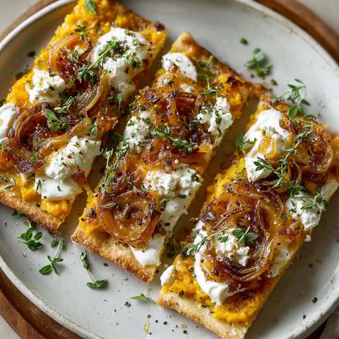 A slice of pumpkin flammkuchen with caramelized onions.