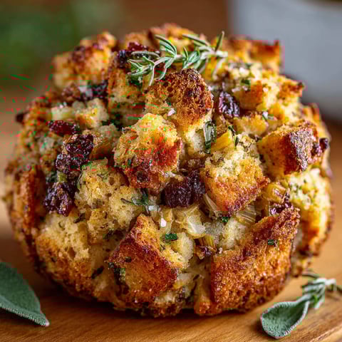 A close up of a vegan roasted chestnut and apple stuffing ball.