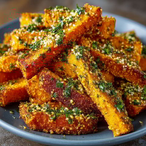 A plate of air-fried pumpkin fries with hemp seed topping.