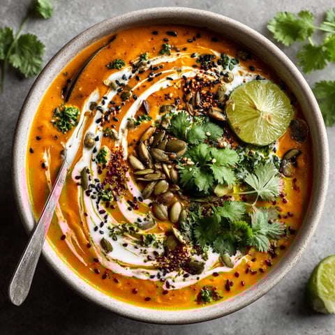 A bowl of soup with a spoon in it.