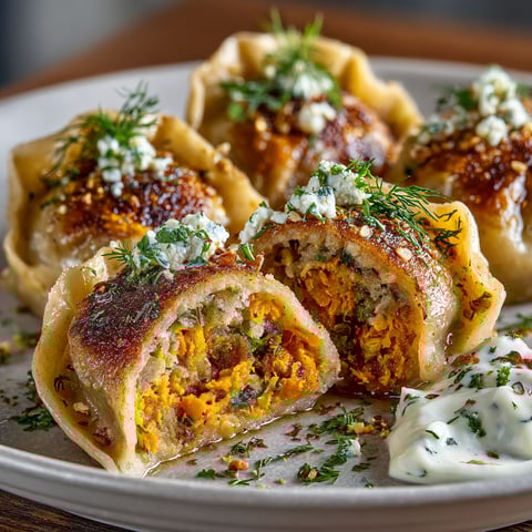 A plate of food with a white sauce on it.