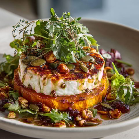 A bowl of food with a roasted pumpkin seed, goat cheese, and chestnut topping.