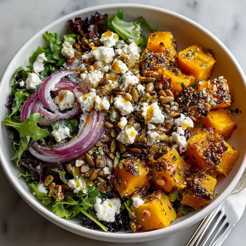 A bowl of food containing roasted pumpkin seeds, goat cheese, and chestnuts.