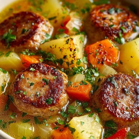 Schüssel mit herzhafter deutscher Wurstsuppe, mit frischer Petersilie garniert, dampfend heiß serviert.