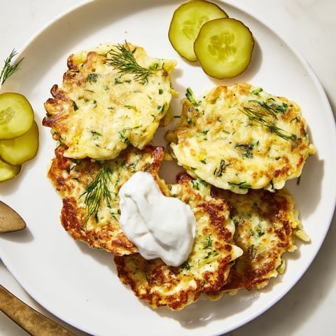Goldene Pickle Juice Spaetzle Fritters, knusprig gebraten und serviert mit Sauerrahm.  
