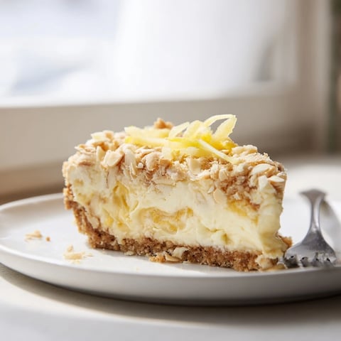 Cremiger Pickled Ginger Streusel Cheesecake mit knuspriger Topping-Oberfläche und erfrischendem Geschmack.