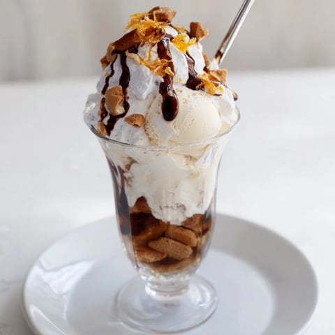 Lebkuchen-Sundae mit cremigem Vanilleeis und sprudelndem Cola float dekoriert.  