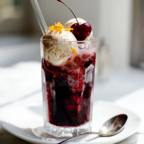 Festlicher Cherry Glühwein Soda Float mit cremigem Vanilleeis und sprudelnder Erfrischung.
